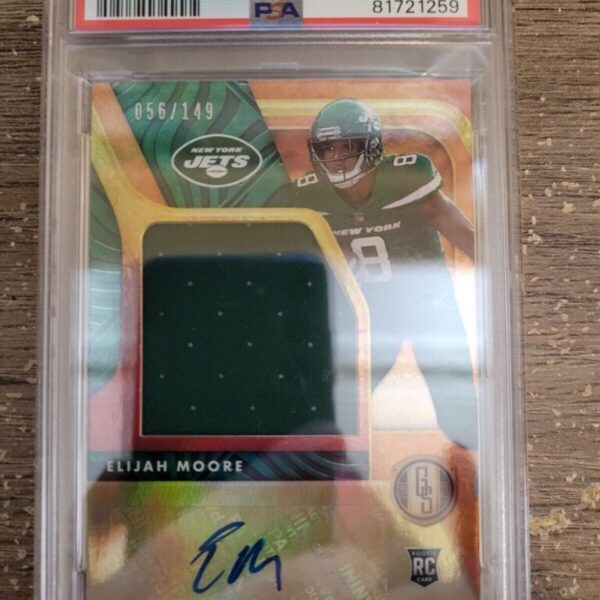 2021 Gold Standard Rookie Jumbo Jersey Auto RJJEM Elijah Moore 56/149 PSA 9