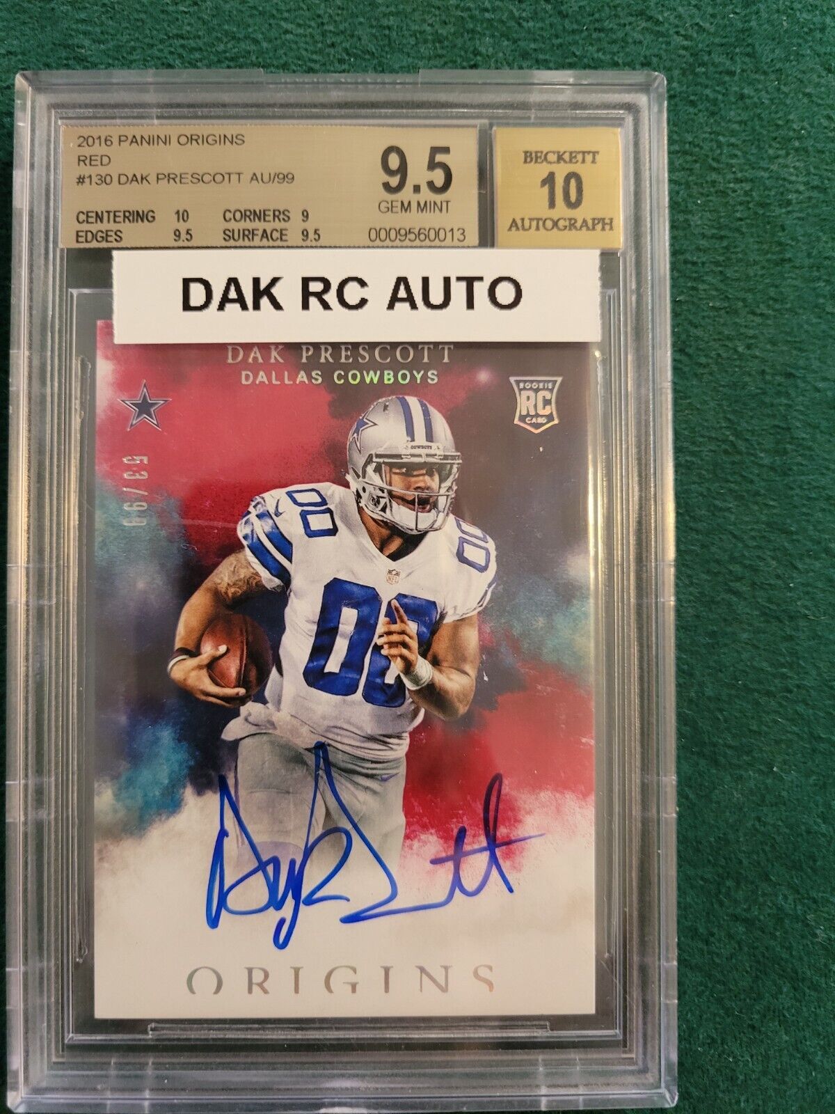 2016 Panini Origins Red #130 Dak Prescott Rookie Autograph 53/99 BGS 9.5 for car